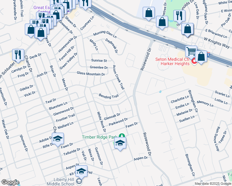 map of restaurants, bars, coffee shops, grocery stores, and more near 4815 Castlewood Drive in Killeen