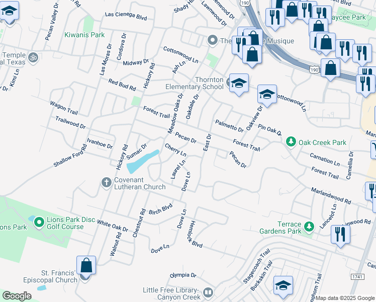 map of restaurants, bars, coffee shops, grocery stores, and more near 3010 Cherry Ln in Temple
