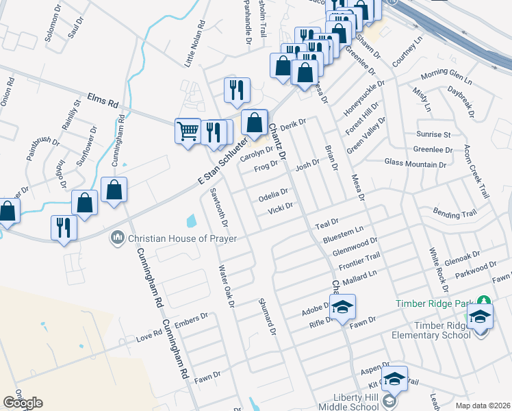 map of restaurants, bars, coffee shops, grocery stores, and more near 4102 Odelia Drive in Killeen