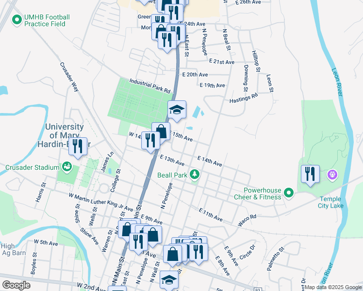 map of restaurants, bars, coffee shops, grocery stores, and more near 1408 North Penelope Street in Belton