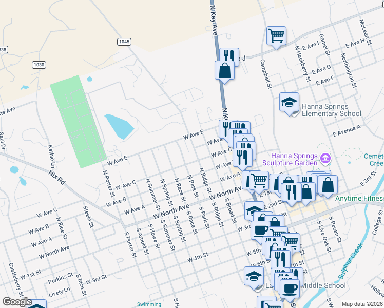 map of restaurants, bars, coffee shops, grocery stores, and more near 406 North Ridge Street in Lampasas