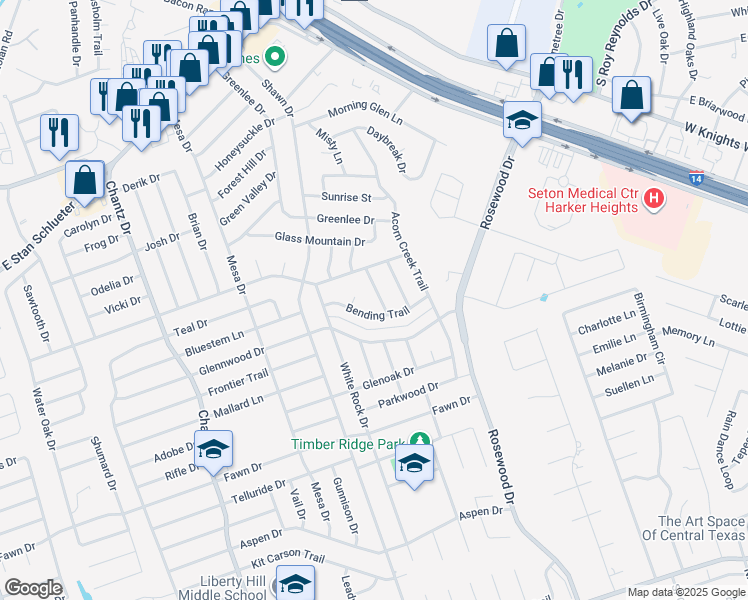 map of restaurants, bars, coffee shops, grocery stores, and more near 4802 Canyon Circle in Killeen