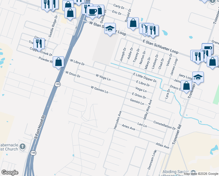 map of restaurants, bars, coffee shops, grocery stores, and more near 212 West Orion Drive in Killeen