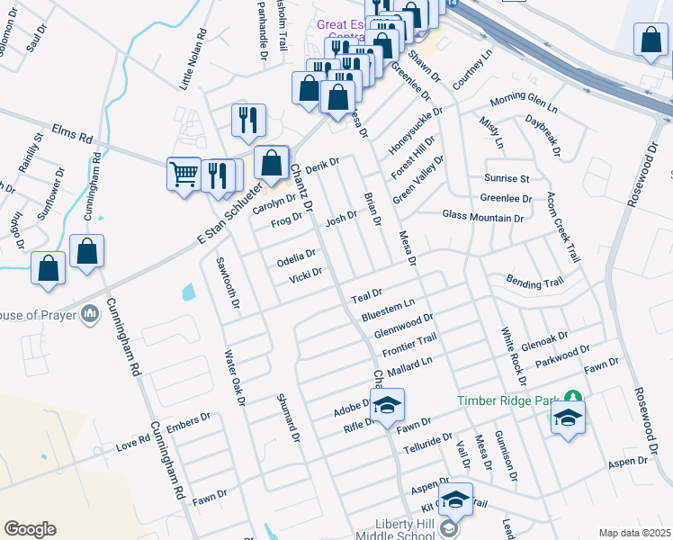 map of restaurants, bars, coffee shops, grocery stores, and more near 4705 Chantz Drive in Killeen