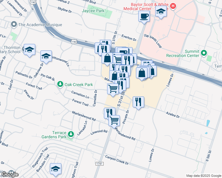 map of restaurants, bars, coffee shops, grocery stores, and more near 3209 Morning Glory Drive in Temple