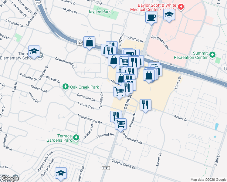 map of restaurants, bars, coffee shops, grocery stores, and more near 1810A Azalea Drive in Temple