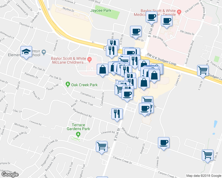 map of restaurants, bars, coffee shops, grocery stores, and more near 1810A Azalea Drive in Temple