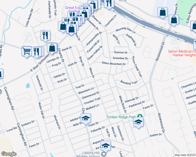 map of restaurants, bars, coffee shops, grocery stores, and more near 4705 Teal Drive in Killeen