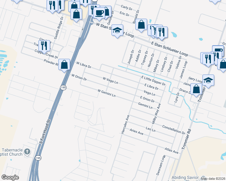 map of restaurants, bars, coffee shops, grocery stores, and more near 401 West Gemini Lane in Killeen