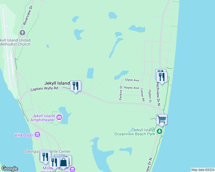 map of restaurants, bars, coffee shops, grocery stores, and more near 311 Captain Wylly Road in Jekyll Island