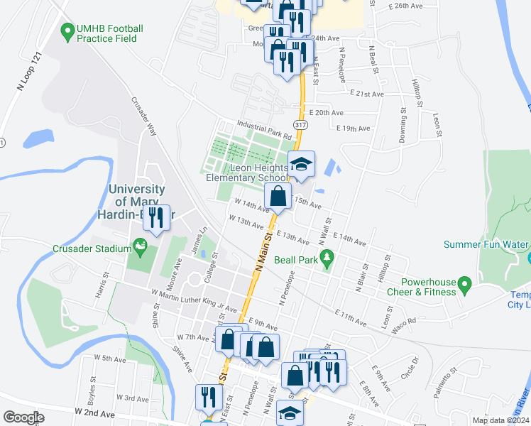 map of restaurants, bars, coffee shops, grocery stores, and more near 101 West 14th Avenue in Belton