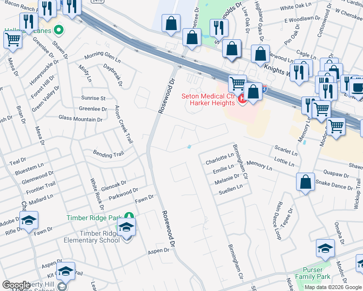 map of restaurants, bars, coffee shops, grocery stores, and more near 5303 Birmingham Circle in Killeen