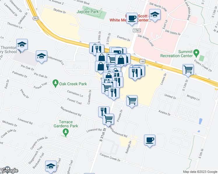 map of restaurants, bars, coffee shops, grocery stores, and more near 1616 Azalea Drive in Temple