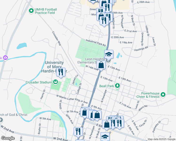 map of restaurants, bars, coffee shops, grocery stores, and more near 213 West 13th Avenue in Belton