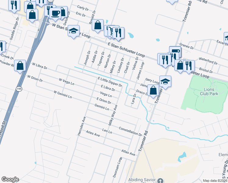 map of restaurants, bars, coffee shops, grocery stores, and more near 508 East Libra Drive in Killeen