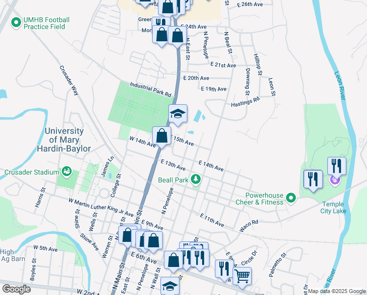 map of restaurants, bars, coffee shops, grocery stores, and more near 1408 North Penelope Street in Belton