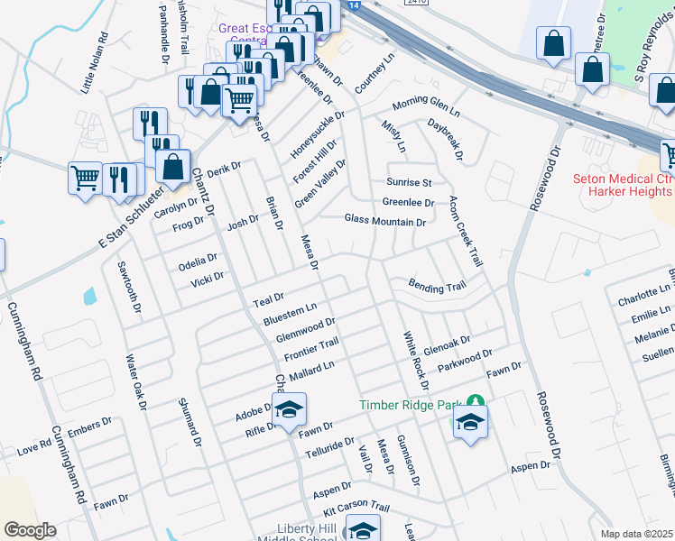 map of restaurants, bars, coffee shops, grocery stores, and more near 4705 Teal Drive in Killeen