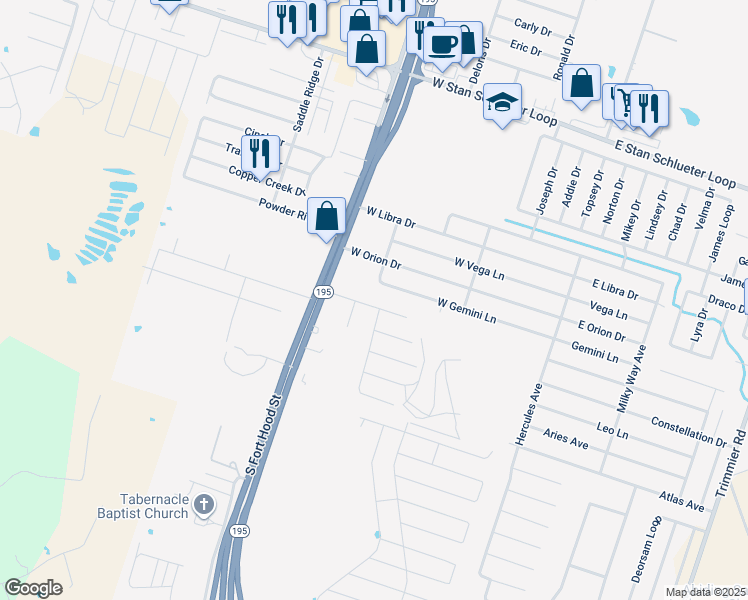 map of restaurants, bars, coffee shops, grocery stores, and more near 603 Omar Drive in Killeen