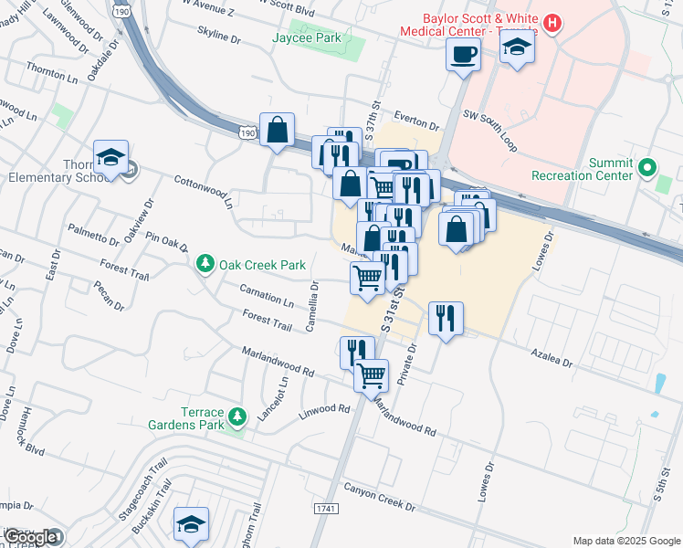 map of restaurants, bars, coffee shops, grocery stores, and more near 1810A Azalea Drive in Temple