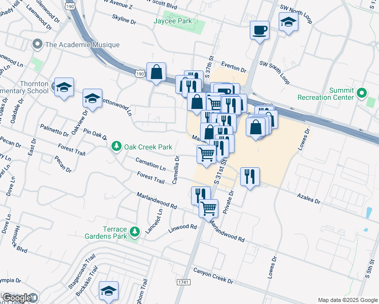 map of restaurants, bars, coffee shops, grocery stores, and more near 1810A Azalea Drive in Temple