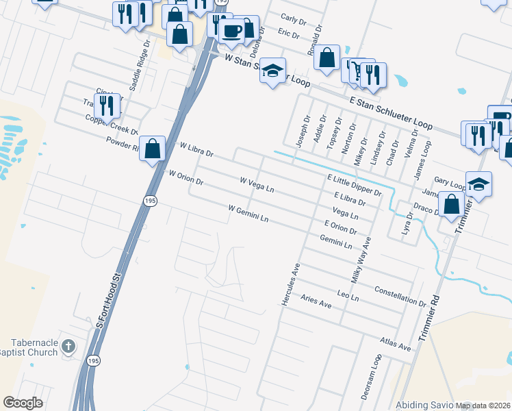 map of restaurants, bars, coffee shops, grocery stores, and more near 401 West Gemini Lane in Killeen