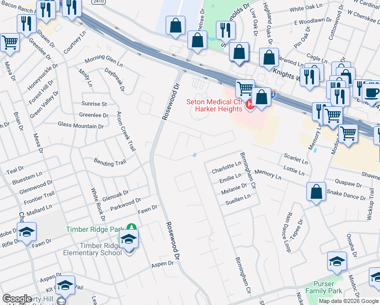 map of restaurants, bars, coffee shops, grocery stores, and more near 5303 Birmingham Circle in Killeen