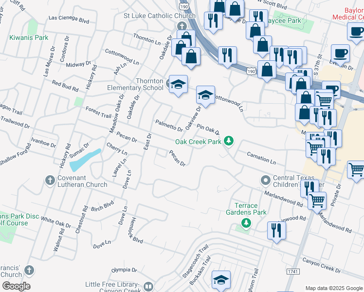 map of restaurants, bars, coffee shops, grocery stores, and more near 2613 Forest Trail in Temple
