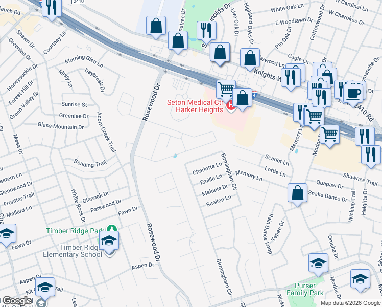 map of restaurants, bars, coffee shops, grocery stores, and more near 5311 Birmingham Circle in Killeen