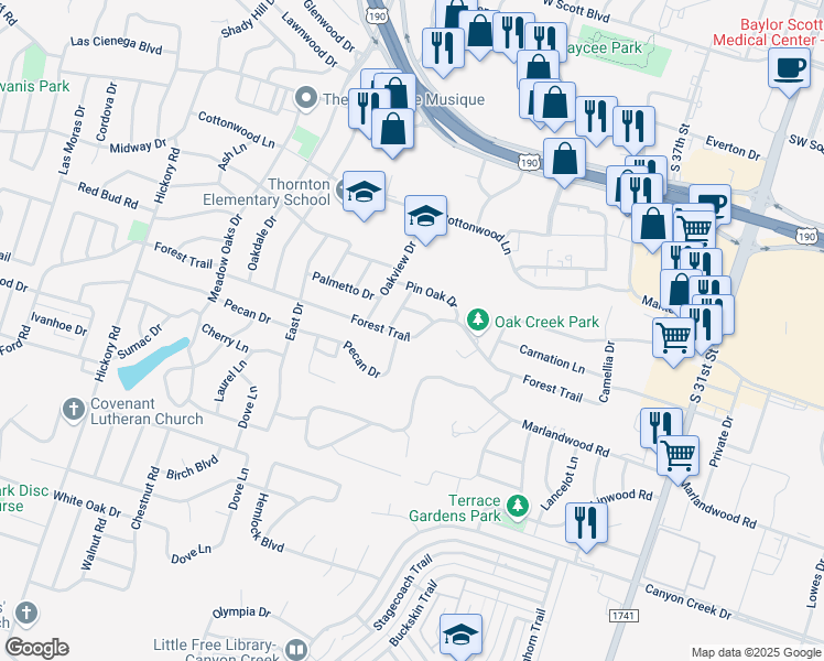 map of restaurants, bars, coffee shops, grocery stores, and more near 2510 Forest Trail in Temple