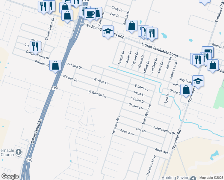 map of restaurants, bars, coffee shops, grocery stores, and more near 212 West Orion Drive in Killeen