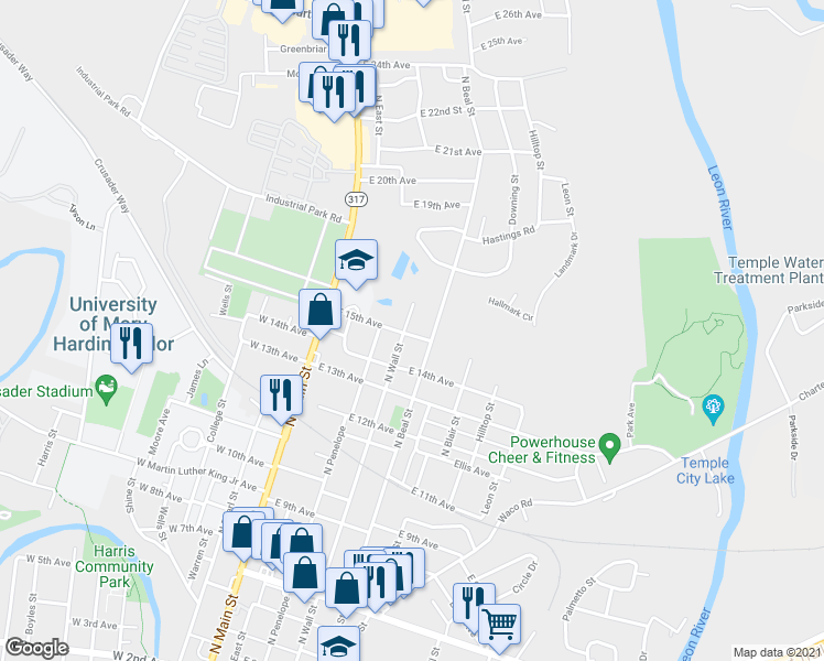 map of restaurants, bars, coffee shops, grocery stores, and more near 1417 North Wall Street in Belton