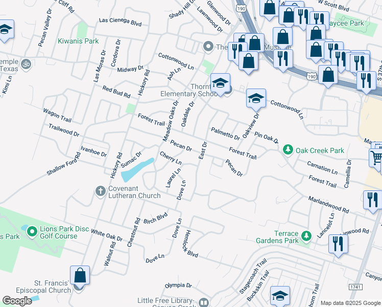 map of restaurants, bars, coffee shops, grocery stores, and more near 3010 Cherry Lane in Temple