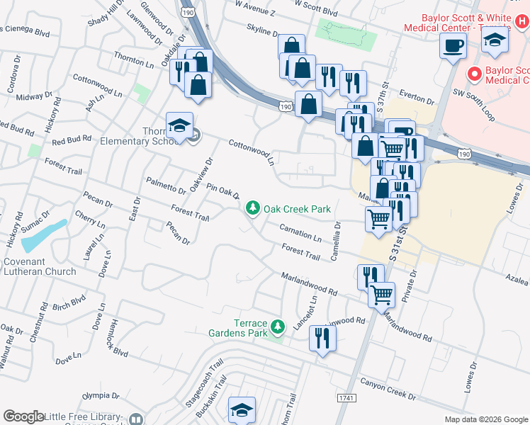 map of restaurants, bars, coffee shops, grocery stores, and more near 3410 Azalea Drive in Temple