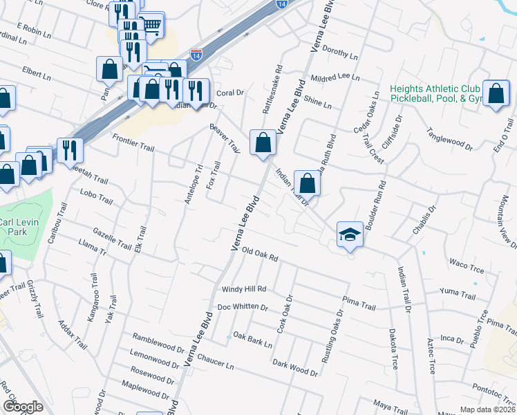 map of restaurants, bars, coffee shops, grocery stores, and more near 1110 Indian Trail in Harker Heights