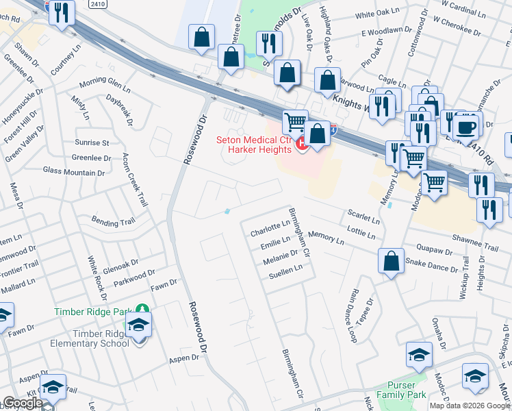 map of restaurants, bars, coffee shops, grocery stores, and more near 5311 Birmingham Circle in Killeen