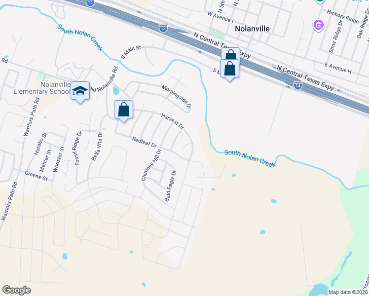 map of restaurants, bars, coffee shops, grocery stores, and more near Ridgeway Court in Nolanville