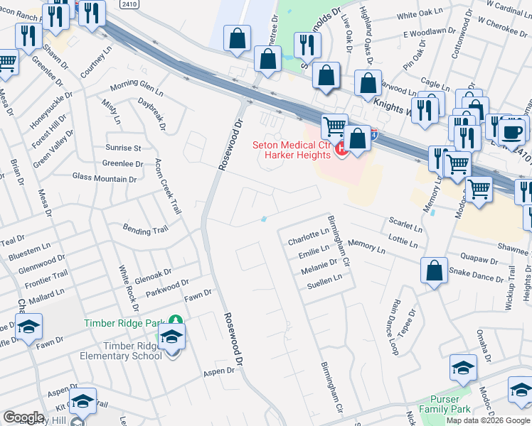 map of restaurants, bars, coffee shops, grocery stores, and more near 5303 Birmingham Circle in Killeen