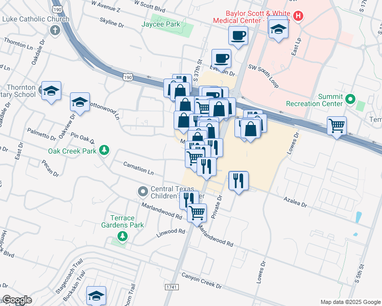 map of restaurants, bars, coffee shops, grocery stores, and more near 1616 Azalea Drive in Temple