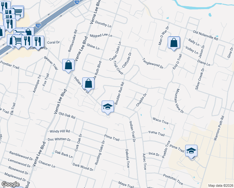 map of restaurants, bars, coffee shops, grocery stores, and more near 1110 Boulder Run in Harker Heights