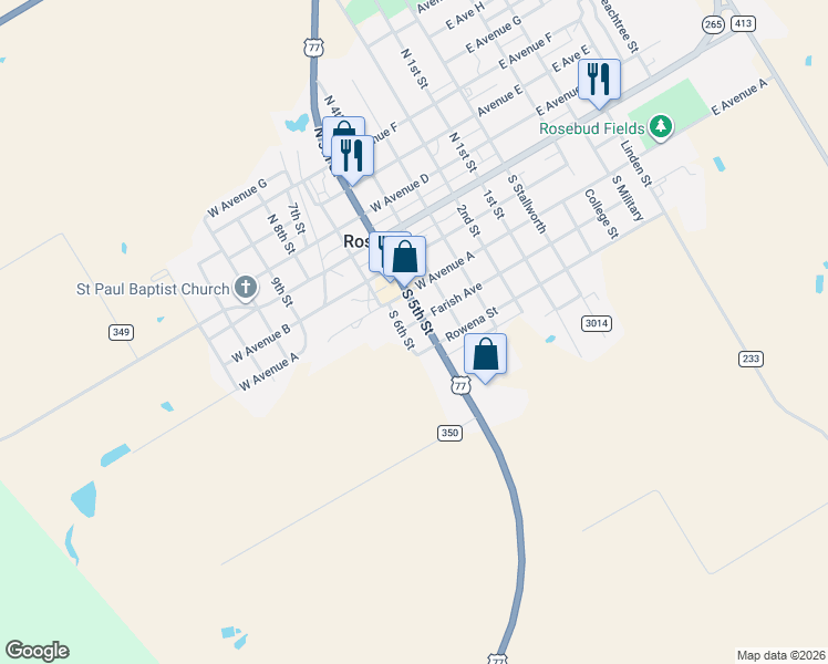 map of restaurants, bars, coffee shops, grocery stores, and more near 409 U.S. 77 in Rosebud