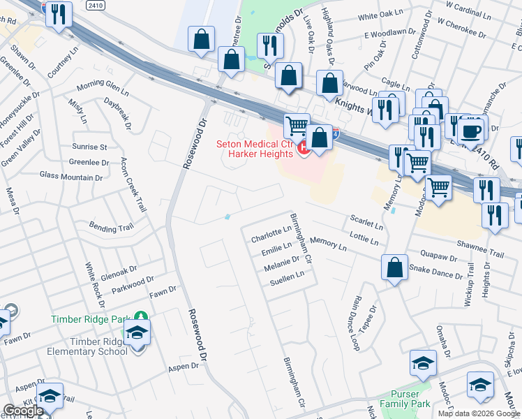 map of restaurants, bars, coffee shops, grocery stores, and more near 5311 Birmingham Circle in Killeen