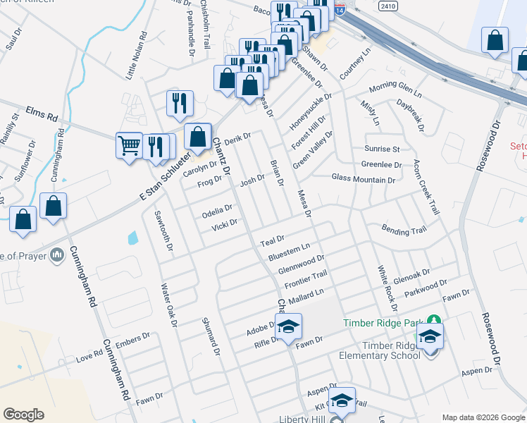 map of restaurants, bars, coffee shops, grocery stores, and more near 4712 Jana Drive in Killeen