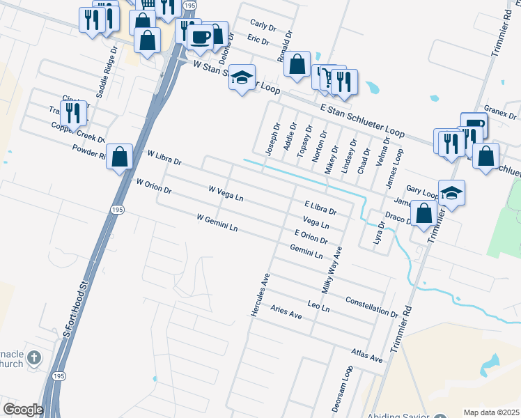 map of restaurants, bars, coffee shops, grocery stores, and more near 212 West Orion Drive in Killeen