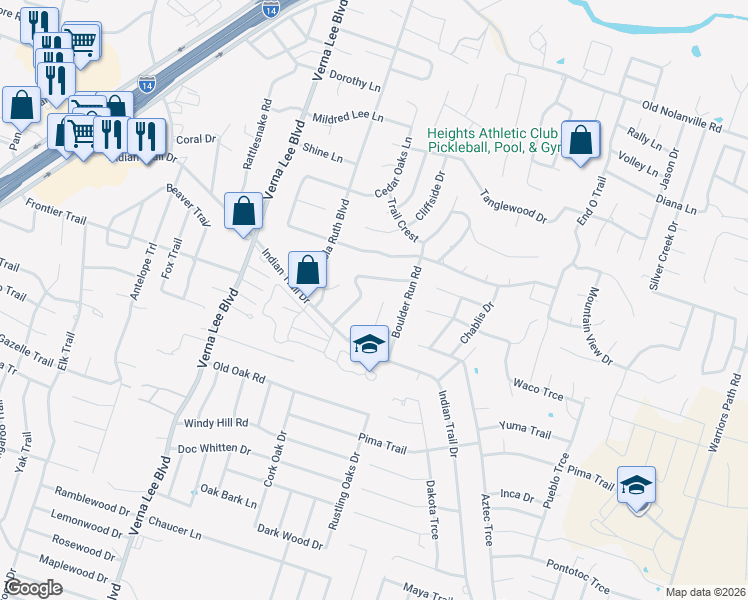 map of restaurants, bars, coffee shops, grocery stores, and more near 122 Wind Ridge Drive in Harker Heights