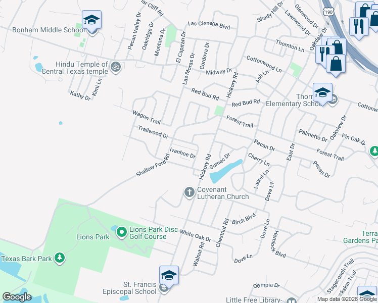map of restaurants, bars, coffee shops, grocery stores, and more near 3610 Ivanhoe Drive in Temple