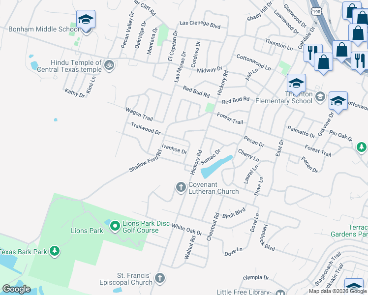 map of restaurants, bars, coffee shops, grocery stores, and more near 3910 Hickory Road in Temple