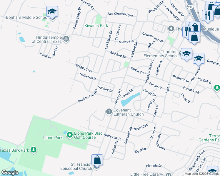 map of restaurants, bars, coffee shops, grocery stores, and more near 3702 Robinhood Drive in Temple
