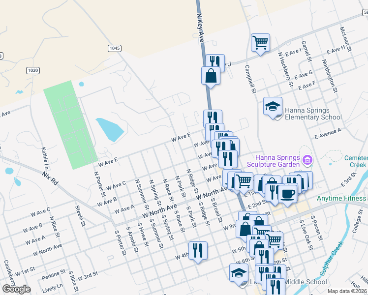 map of restaurants, bars, coffee shops, grocery stores, and more near 406 North Ridge Street in Lampasas