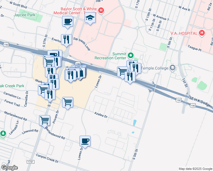 map of restaurants, bars, coffee shops, grocery stores, and more near 605 Southwest H K Dodgen Loop in Temple