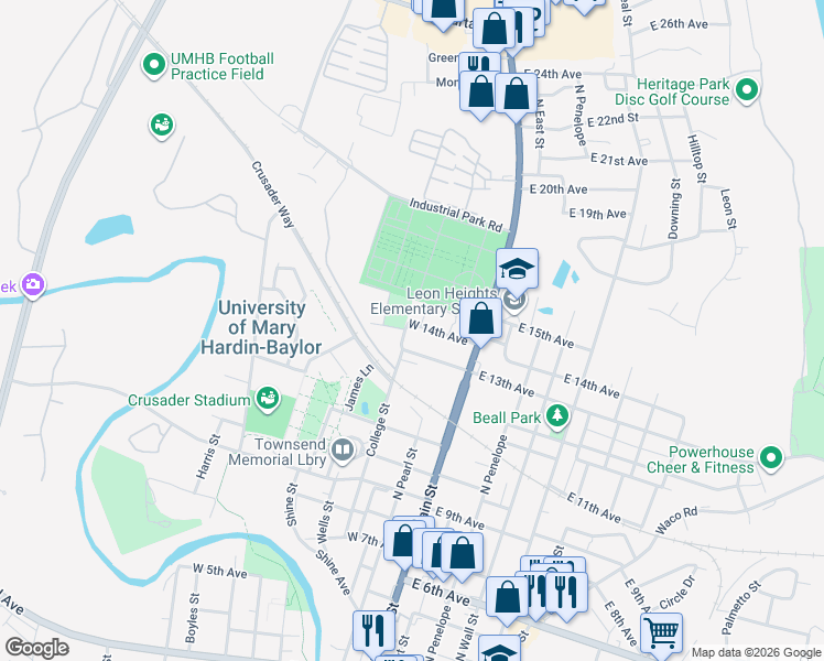 map of restaurants, bars, coffee shops, grocery stores, and more near 213 West 13th Avenue in Belton